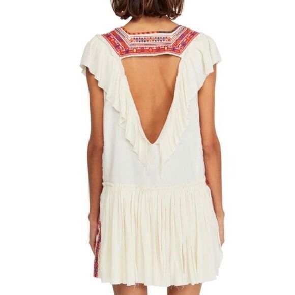 Free People Embroidered Day Glow Mini Open Back Ruffle Peasant Boho Dress - Picture 3 of 12